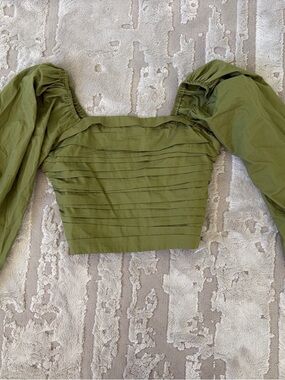 Abercrombie & Fitch Olive Green Pleated Puff-Sleeve Crop Top